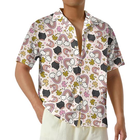 Pink Rainbow St Patricks Day Hawaiian Shirt, Clover Button Up Shirt, St Paddys Shirt, Lucky Aloha Shirt, Groovy St Patrick's Day Gift