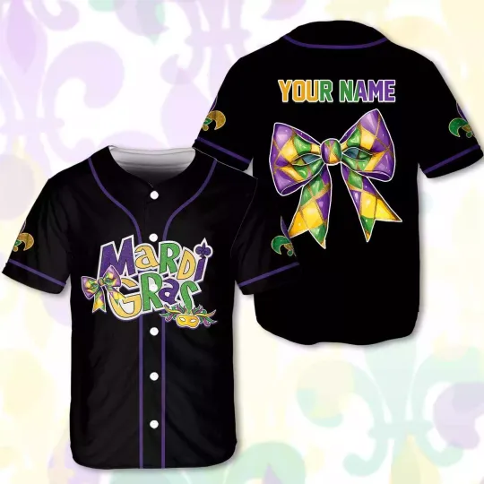 Persoanlized Mardi Gras Coquette Bow Ribbon Carnival Baseball Jersey Shirt