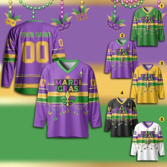 Personalized Mardi Gras Hockey Jersey for Adult, Custom Name Mardi Gras Hockey Jersey, Hockey Team Jersey for Fans, Mardi Gras Outfit
