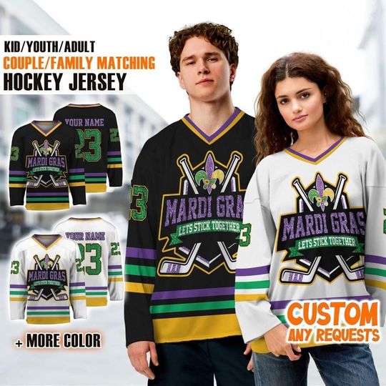 Custom Mardi Gras Hockey Jersey, Name And Number Mari Gras Hockey Jersey, Louisiana Festival Shirt, New Orleans Carnival