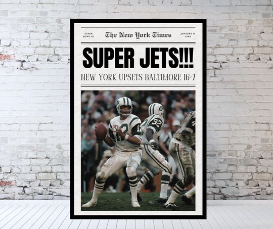 Discover New York Jets Newspaper, Jets Super Bowl, Joe Namath, New York Jets Poster, Vintage football Poster