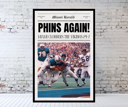 Miami Dolphins Newspaper, 1974 Super Bowl VIII Champions Poster