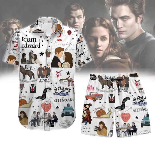 Twilight Movie Button Shirt, Edward Cullen Summer Short, Robert Pattinson T-Shirt Short Set, Retro Vampire Beach Short For Men Women