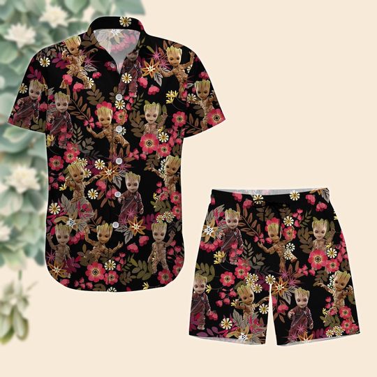 Baby Groot Hawaiian Shirt, Groot Disney Short, Groot Floral Dance Button Shirt, Star War Character Workout Shorts, Marvel Gift