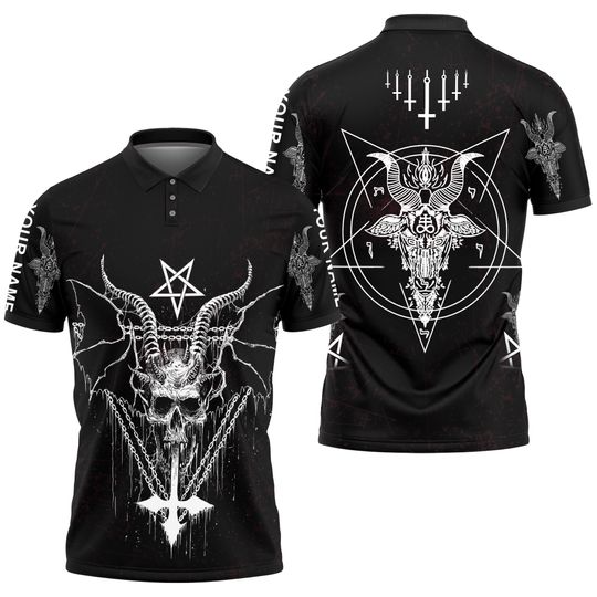 Customized Name Halloween Satan Polo Shirt, Skull Satanic Goat Polo Tee