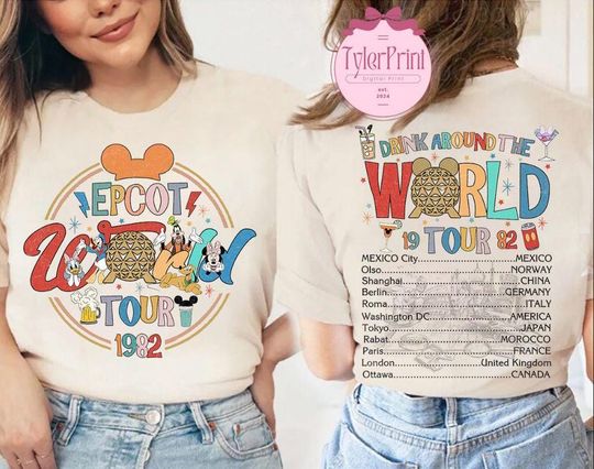 Two-sided Mickey & Friends Disney Epcot World Tour 1982 Shirt, Drinking Around the World Disney Epcot Family Vacation 2025, Epcot Center Tee