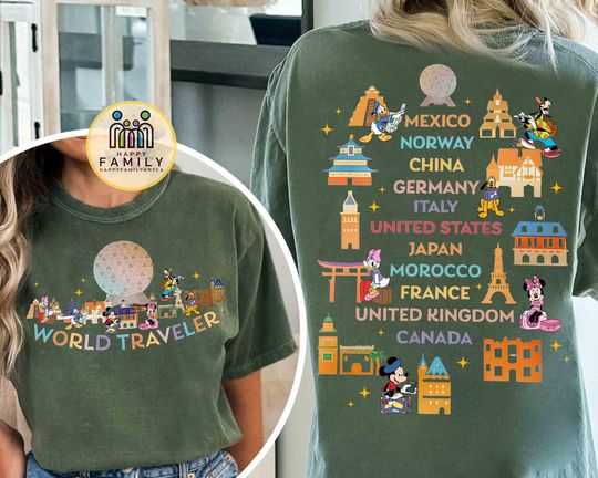 2-sided Epcot Center Mickey & Friends Traveler Shirt, Travel around the World Disney Epcot, Epcot World Tour Family Vacation 2025, Girl Trip