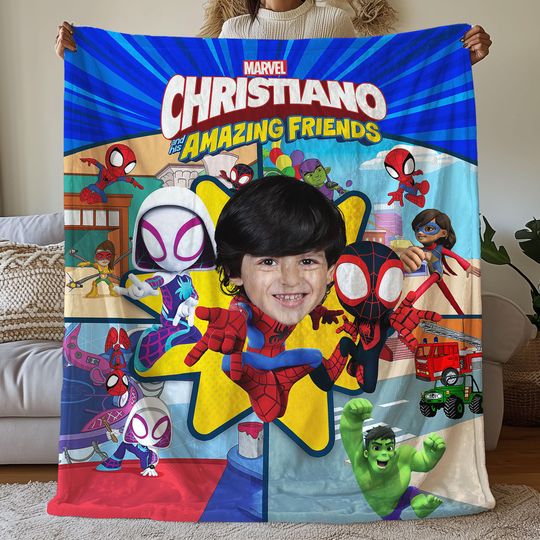 Personalized Face and Name Spidey and His Amazing Friends Blanket, Superhero Blanket For Kid, Spiderman Birthday Gift,Disney Cartoon Blanket