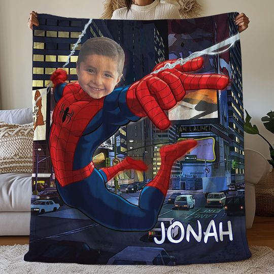 Custom Photo Spider Man Blanket, Superhero Character Blanket, Customized Blanket with Your Photo, Marvel Blanket for Kids