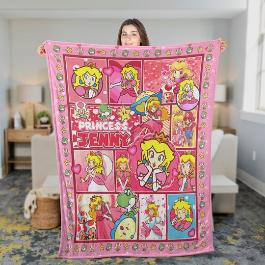 Personalized Super Mario Bros Princess Peach Fleece Blanket, Princess Peach Mario Throw Blanket For Couch Sofa, Birthday Girl Gift