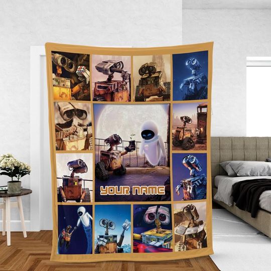 Personalize Disney Wall-e Love Blanket, Pixar WALL-E EVE Couple Disney Valentine Blanket, Galaxy Robot Lovers Baby Kids Birthday Gift
