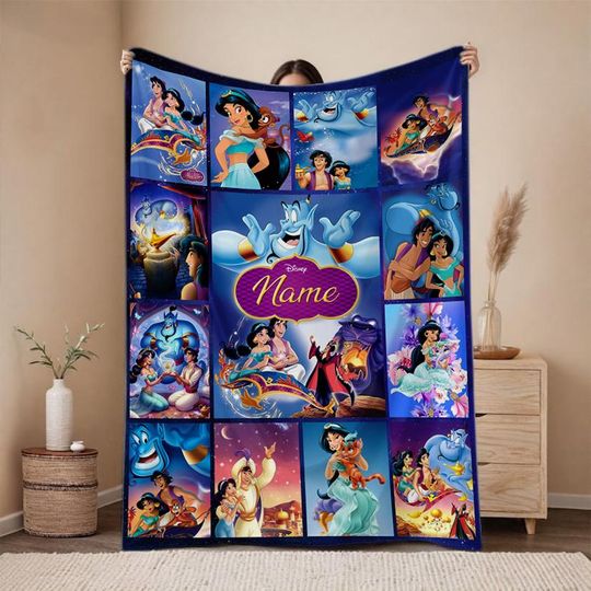 Personalized Aladdin And Princess Jasmine Blanket, Aladdin Magic Blanket, Genie Princess Jasmine Blanket, Magic Kingdom Blanket