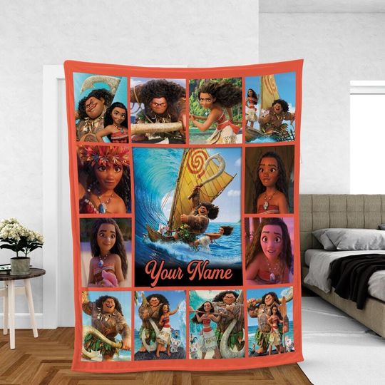 Personalize Disney Moana 2 Blanket, Baby Princess Moana Birthday Gift, WDW Disneyland Maui Hei Hei Tamatoa Family Decor