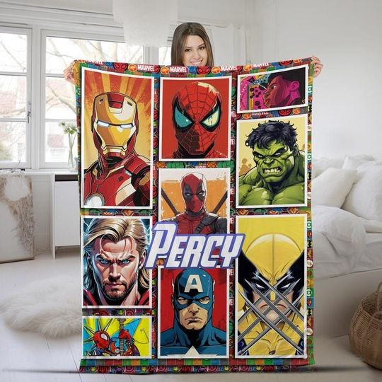 Custom Marvel Avengers Pictures Collage Blanket, Marvel Avengers Cartoon Birthday Blanket, Marvel Avengers Fleece Blanket