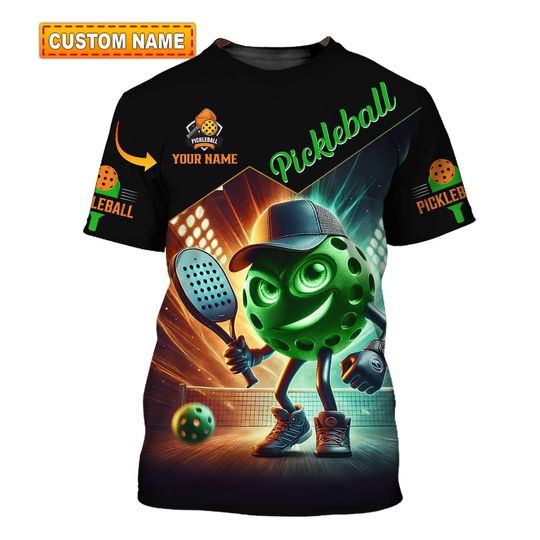 Custom Pickleball T-Shirt with Name, Fun Animated Pickleball Design, Unique Gift for Pickleball Players and Fans