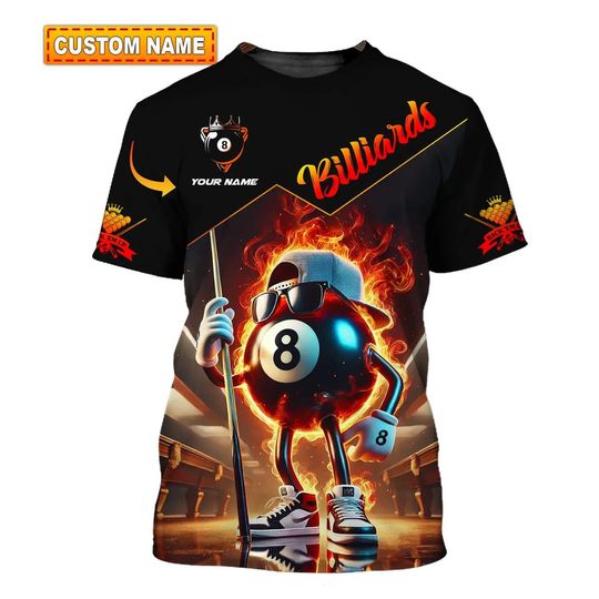 Discover Custom 3D Billiards Shirt - Personalized Pool 8-Ball T-Shirt with Name - Unique Snooker & Billiard Player Gift Apparel