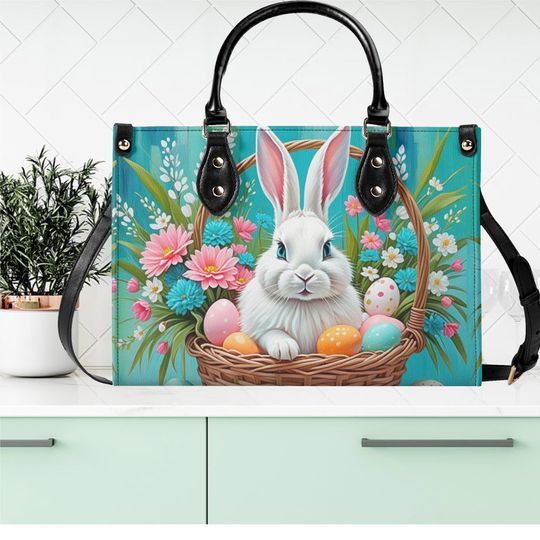 Luxury Women vegan leather Handbag tote Rabbit Easter egg spring floral flowers design summer every day shoulder bag