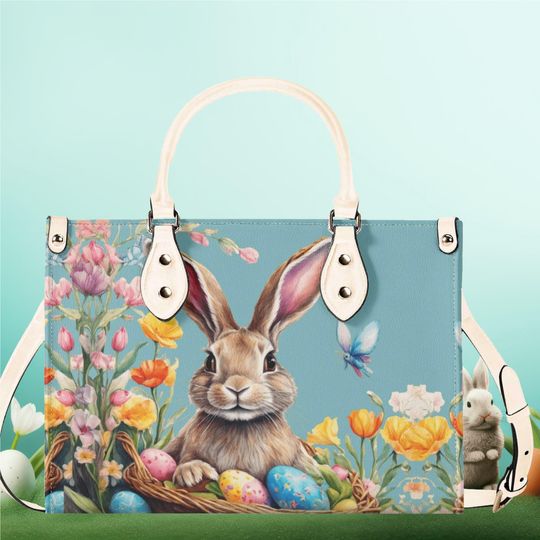 Luxury Women vegan leather Handbag tote Rabbit Easter egg spring floral flowers design summer every day shoulder bag