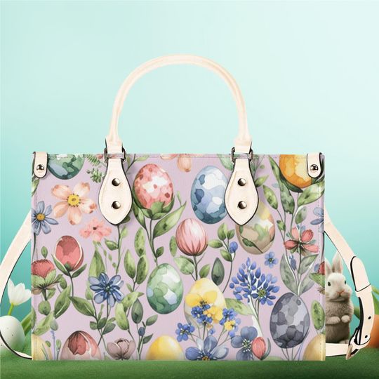 Luxury Women vegan leather Handbag tote Easter egg spring floral flowers design summer every day shoulder bag