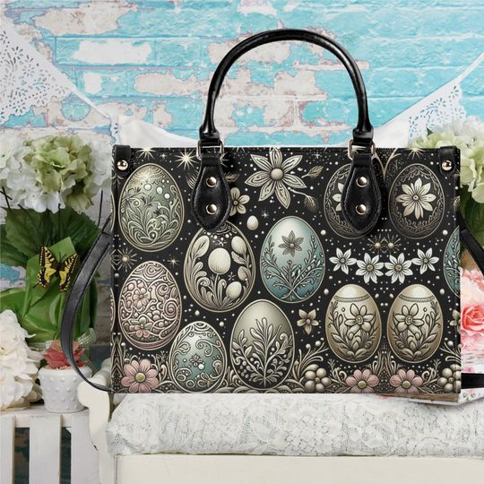 Luxury Women vegan leather Handbag tote Easter egg spring floral flowers design summer every day shoulder bag
