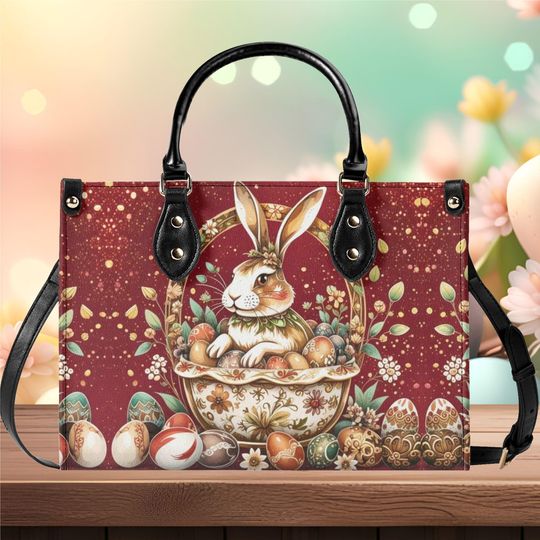 Luxury Women vegan leather Handbag tote Easter egg Rabbit spring floral flowers design summer every day shoulder bag