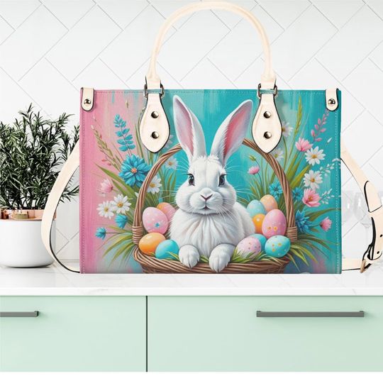 Luxury Women vegan leather Handbag tote Easter egg Rabbit spring floral flowers design summer every day shoulder bag