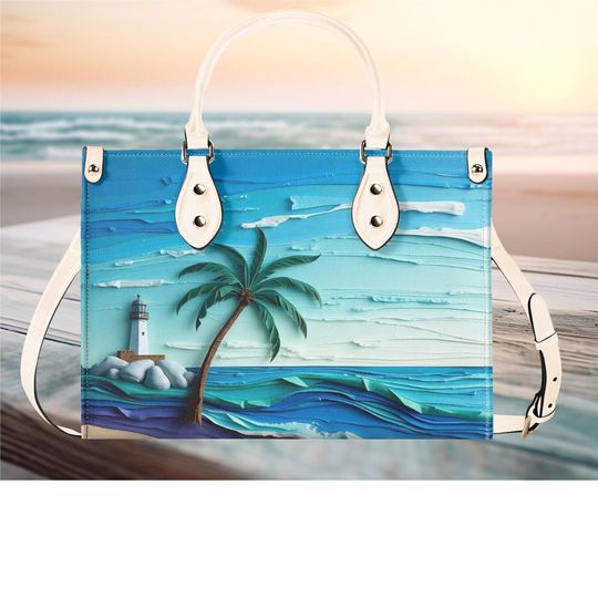 Luxury Women vegan leather Handbag tote summer beach palm tree light house design