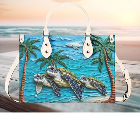 Luxury Women vegan leather Handbag tote spring summer beach sea turtle palm tree design travel case purse everyday shoulder bag