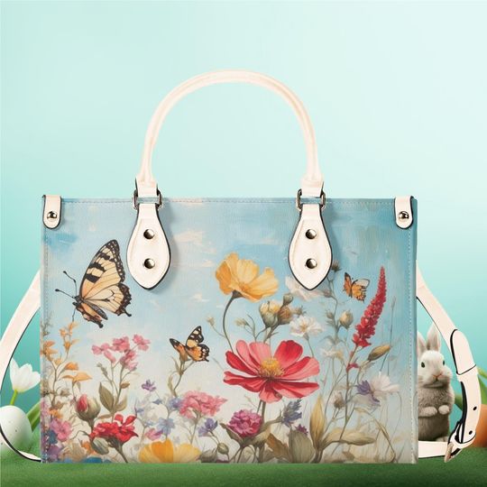 Luxury Women vegan leather Handbag Spring summer floral butterfly wildflowers tote bag summer everyday shoulder bag