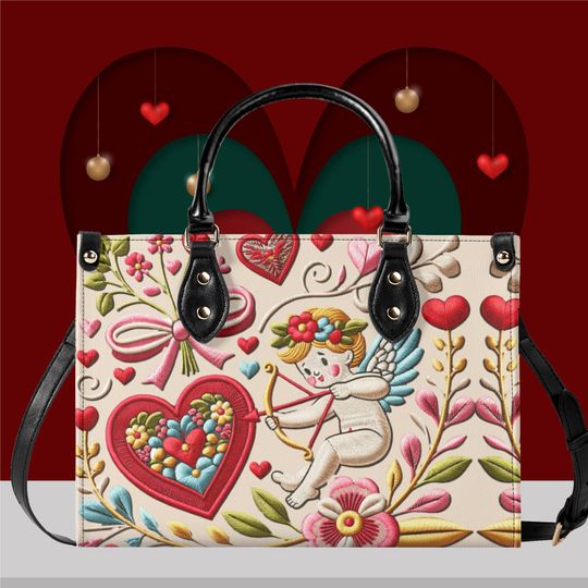 Luxury Women vegan leather Handbag tote beautiful Valentines day Holiday season heart cupid design