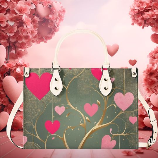 Luxury Women vegan leather Handbag tote beautiful Valentines day Holiday season pink hearts design