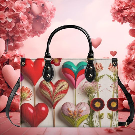 Luxury Women vegan leather Handbag tote beautiful Valentines day hearts and wildflowers Holiday season design