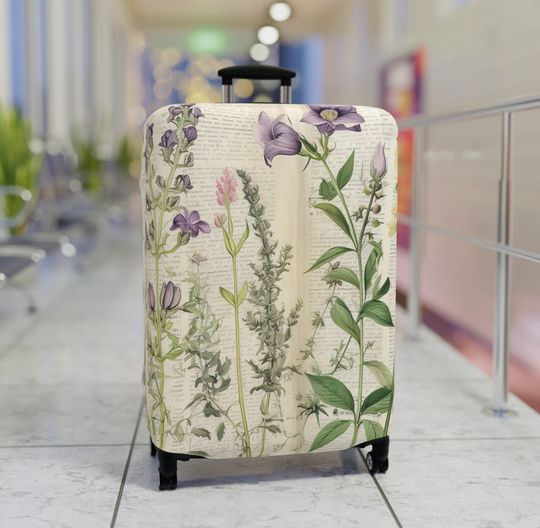 Botanical Garden Wildflower Luggage Cover, Vintage Style Herb Garden Travel Gift, Vacation Gifts, Unique Colorful Suitcase Protector