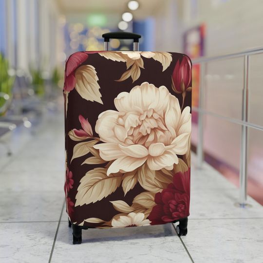 Botanical Floral Maroon Rose Vintage-Style Luggage Cover, Pretty Travel Gift, Vacation Gifts, Unique Colorful Suitcase Protector