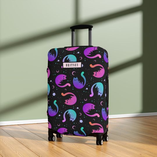 Cat Lover Luggage Cover Suitcase Protector Cute Kitty Mystical Neon Moon Stars Personalized Name Custom Gift For Kids Boys Girls Women Men