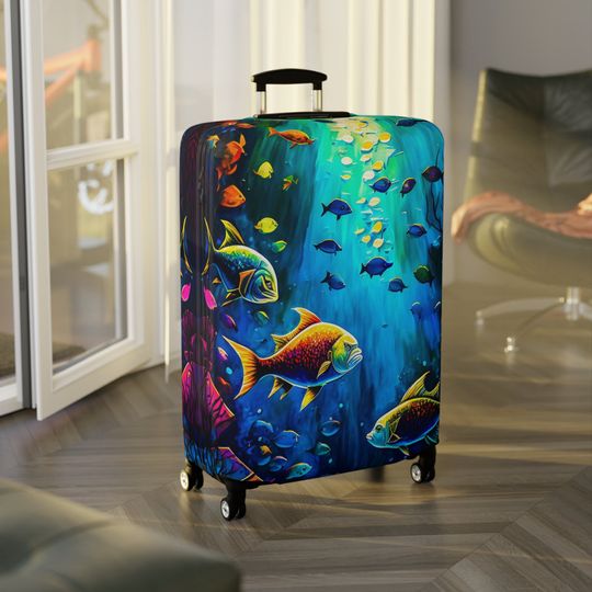 Protective Luggage Cover - Suitcase and Baggage Cover - Travel Essentials - Spandex Polyester Material - 3 Sizes - Underwater Sea Ceatures