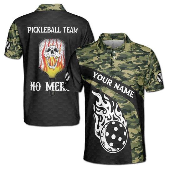 Personalized Name No Mercy Skull Pickleball Camo Pattern Men's Polo Shirt