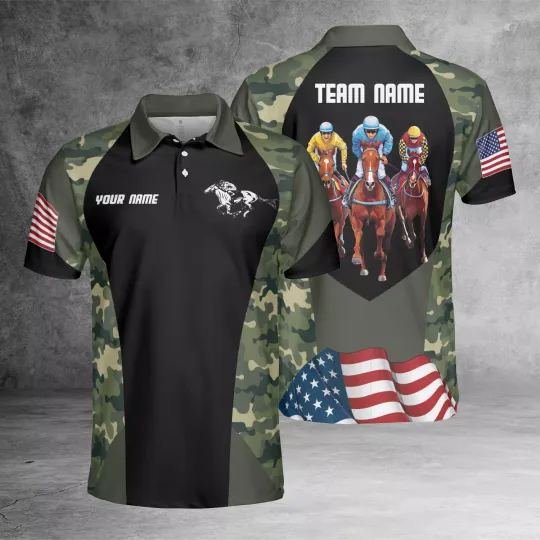 Horse Racing Camo Waving Flag Custom Equestrian 3D Polo Shirt
