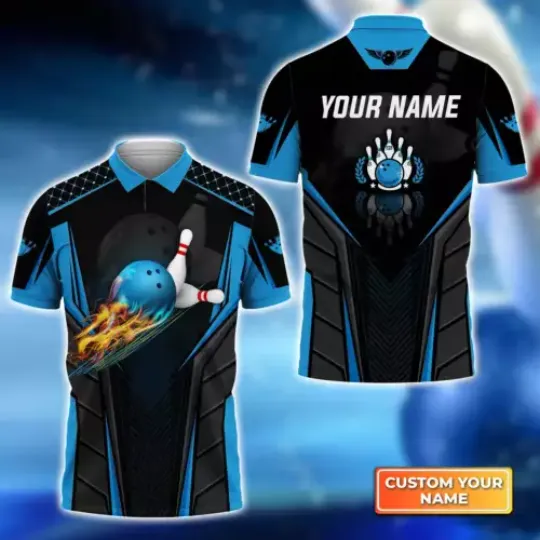 The Blue Bowling Ball in Flames Breaks White Skittles 3D Polo Shirt