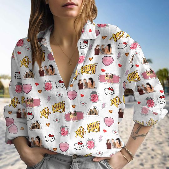 Xo Kitty Valentine Linen Shirt, Hello Kitty Shirt Women, Xoxo Coquette Longsleeve Shirt, Pink Coquette Shirt For Her, Valentine Gift