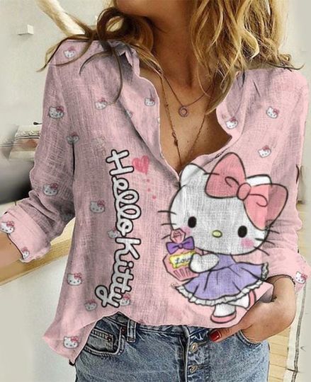 Hello Kitty Linen Shirt, Kitty Cat Linen Blouse, Kawaii Kitty Tshirt, Cute Cat Women Blouses, Pink Bow Shirt, Button Down Shirt