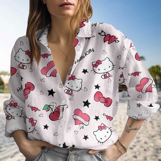 Hello Kitty Valentine Linen Shirt, Valentine Shirt Men, Kawaii Cat Shirt For Women, Cute Kitty Cat Long Sleeve Shirt, Valentine Gift
