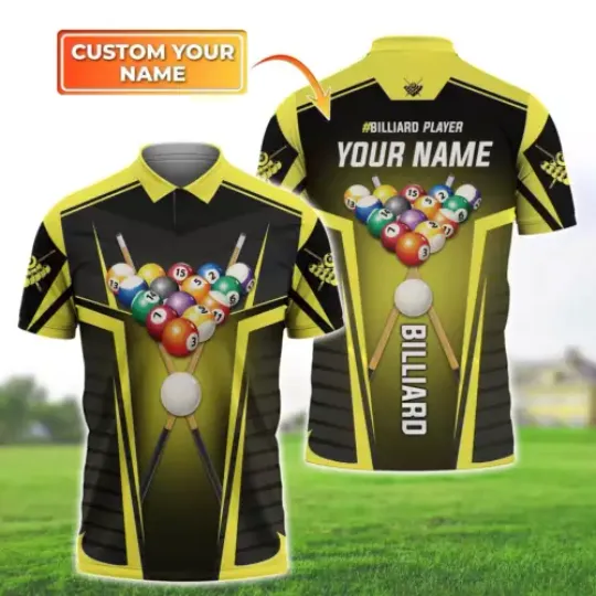 Billiard 3D Polo Shirt Yellow Personalized Name 3D Polo Shirt For Billiard Club