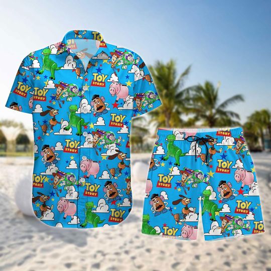 Toy Story Hawaiian Shirt, Disney Cartoon Button Shirt, Woody Buzz Lightyear Jessie Alien Man Shorts, Magic Kingdom Shirt