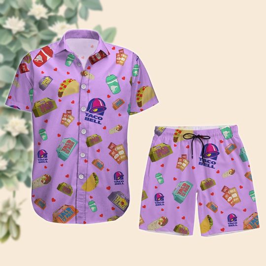 Taco Bell Button Shirt, Retro Food Hawaii Shorts, Fast Food Mexican Vacation T-Shirt, Summer Shorts For Men Women, Taco Bae Parody Gift
