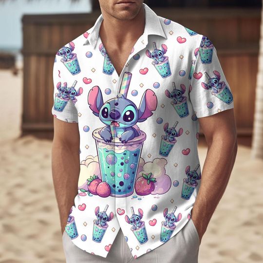 Cute Stitch Button Shirt, Disney Stitch Cup Shirt And Shorts, Magic Kingdom Shirt For Her, Disneyland Trip Men Shirt, Stitch And Lilo