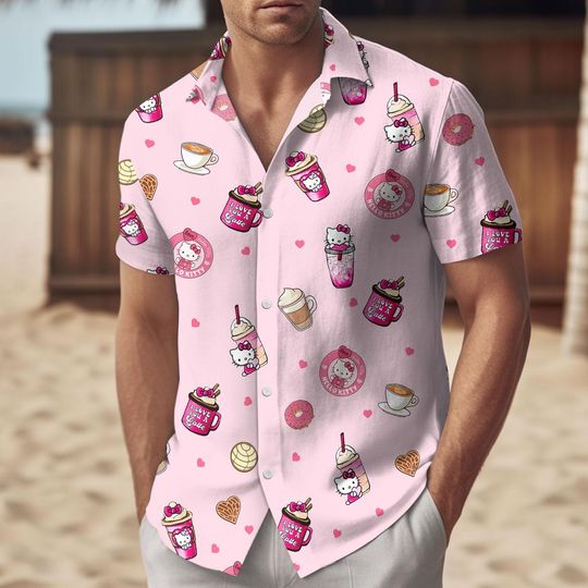 Hello Kitty Latte Button Up Shirt, Pink Hello Kitty Valentine Shirt, Kitty Latte Shirt Men, Pink Cat Cute Shirt For Her, Valentine Gift