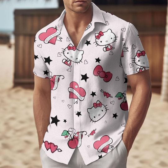 Hello Kitty Valentine Button Shirt, Kawaii Kitty Cat Shirt And Shorts, Valentine Shirt Men, Cute Kitty Cat Women Shirt, Gift For Her
