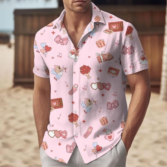 Happy Valentine Button Up Shirt, Pink Valentine Shirt And Shorts, Cute Cupid Shirt Men, Tis The Season Button Shirt Women, Gift For Him
