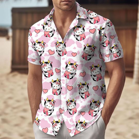 Hello Kitty Cow Button Shirt, Hello Kitty Men Shirt, Cute Kitty Cow Shirt For Him, Valentine Gift, Pink Cat Love Shirt And Shorts